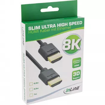 Przewód HDMI Slim Ultra High Speed M/M 8K4K pozłacany, czarny, 0,3 m