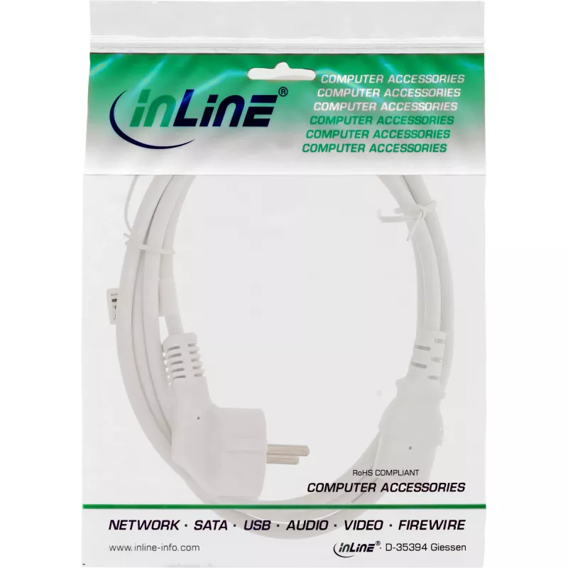 Kabel zasilający InLine, CEE 7/7 kątowy / 3-pin IEC C13 męski, biały, 1 m
