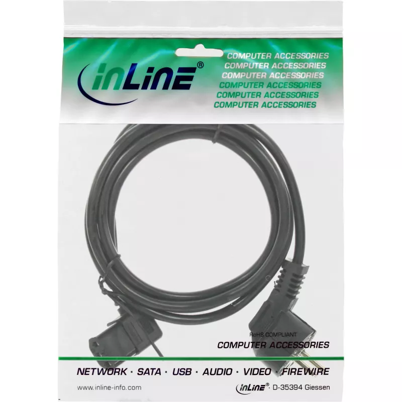 InLine Kabel zasilający, CEE 7/7 kątowy / 3-pin IEC C13 lewy kątowy, czarny, 3m