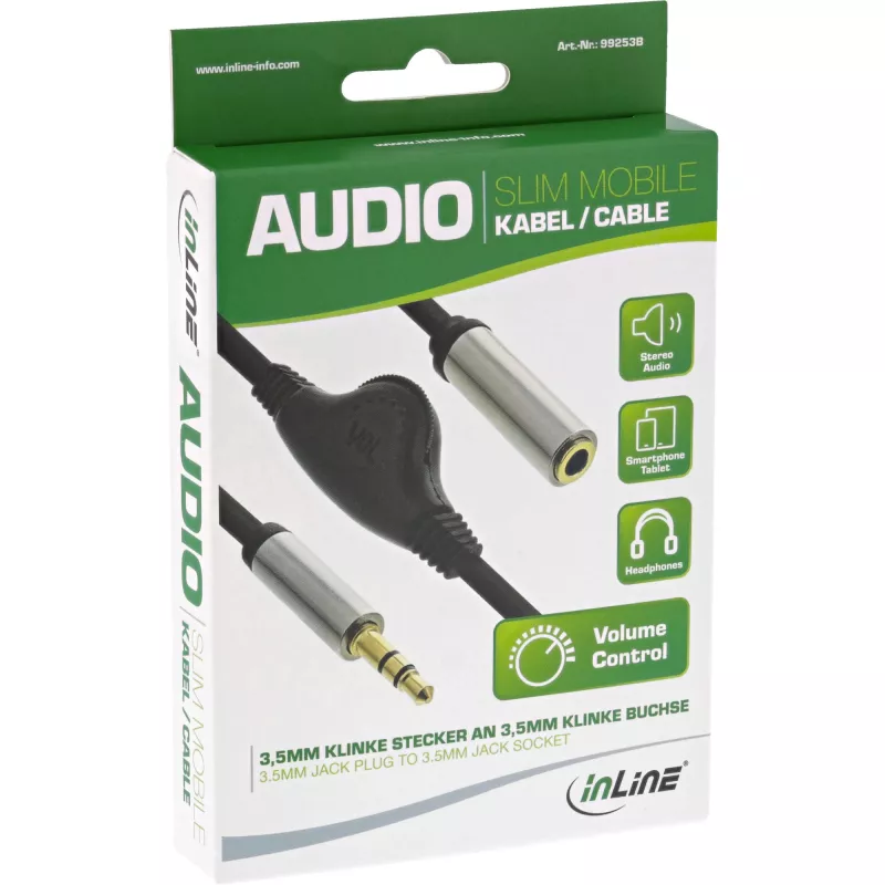 Cienki kabel audio InLine 3,5 mm M/Ż z regulacją głośności, 0,25 m