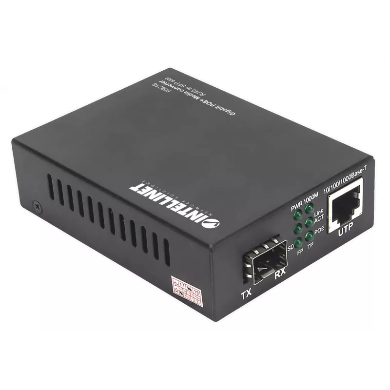 Intellinet Gigabit PoE+ Media Converter, 1 x 1000Base-T RJ45 Port na 1 x port SFP, PoE+ Injector