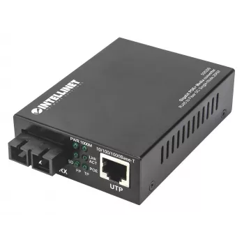 Intellinet Gigabit PoE+ Media Converter, port 1000Base-T RJ45 do 1000Base-LX (SC) jednomodowy, 20 km, wstrzykiwacz PoE+