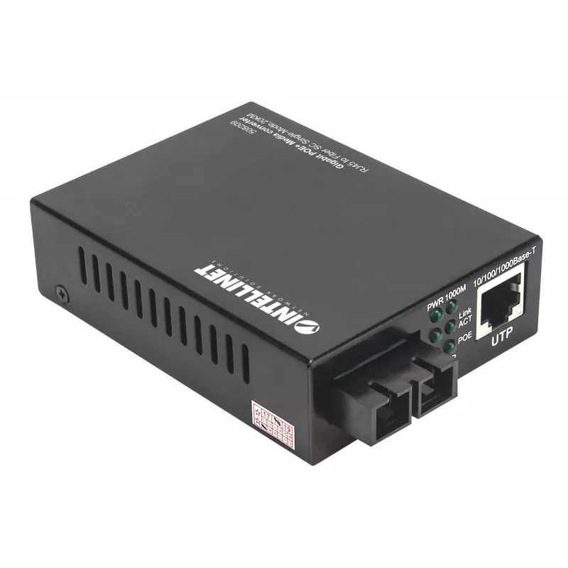 Intellinet Gigabit PoE+ Media Converter, port 1000Base-T RJ45 do 1000Base-LX (SC) jednomodowy, 20 km, wstrzykiwacz PoE+