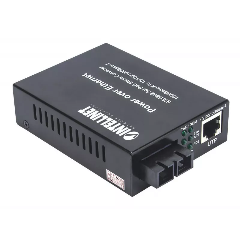 Intellinet Gigabit PoE+ Media Converter, port 1000Base-T RJ45 do 1000Base-LX (SC) jednomodowy, 20 km, wstrzykiwacz PoE+