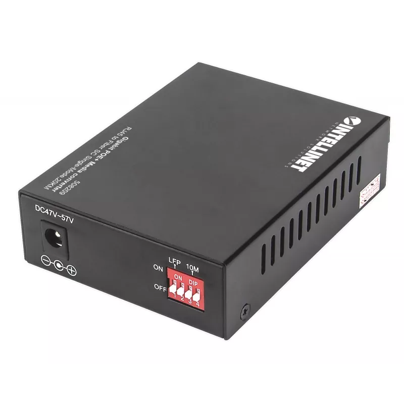 Intellinet Gigabit PoE+ Media Converter, port 1000Base-T RJ45 do 1000Base-LX (SC) jednomodowy, 20 km, wstrzykiwacz PoE+