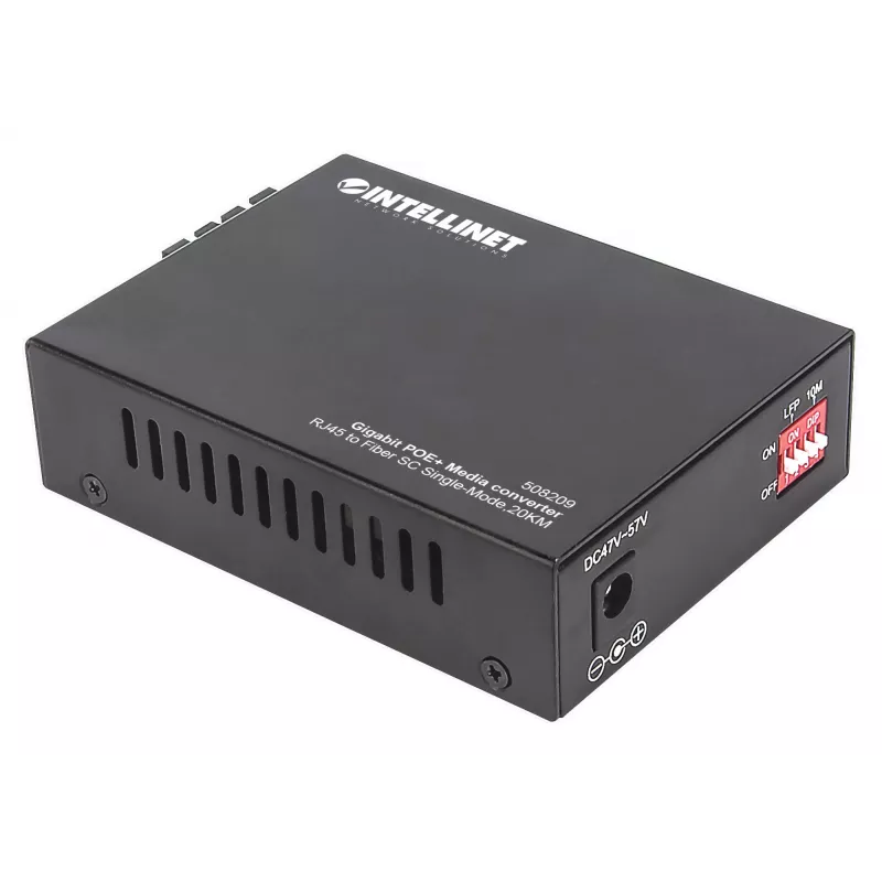 Intellinet Gigabit PoE+ Media Converter, port 1000Base-T RJ45 do 1000Base-LX (SC) jednomodowy, 20 km, wstrzykiwacz PoE+