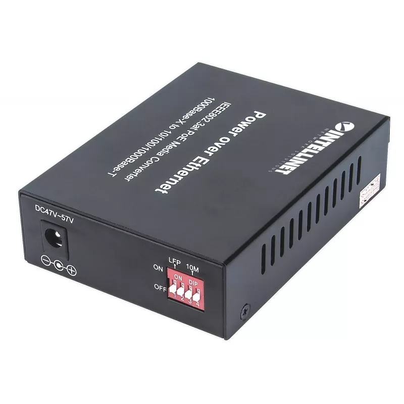 Intellinet Gigabit PoE+ Media Converter, port 1000Base-T RJ45 do 1000Base-LX (SC) jednomodowy, 20 km, wstrzykiwacz PoE+
