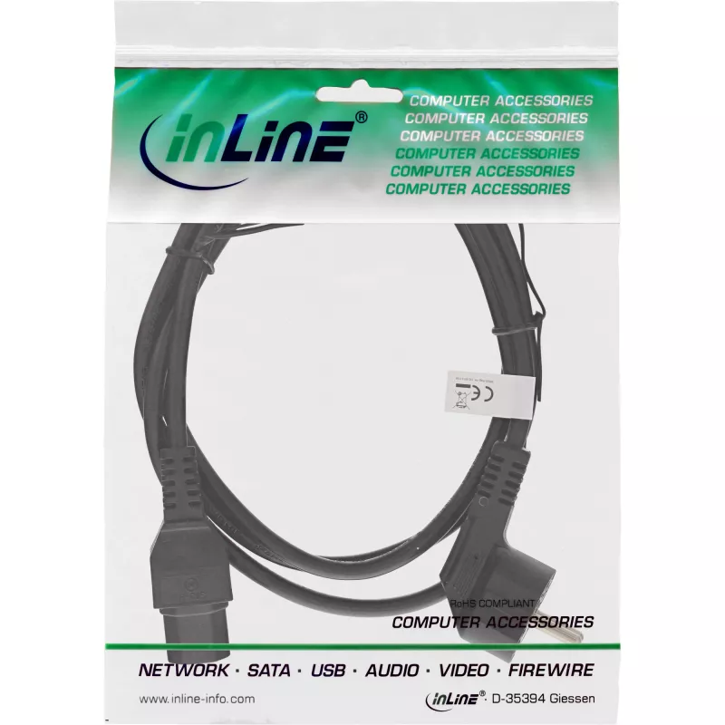 Kabel zasilający InLine, CEE7/7 kątowy do C15 prosty, 3 x 1 mm², czarny, 1 m