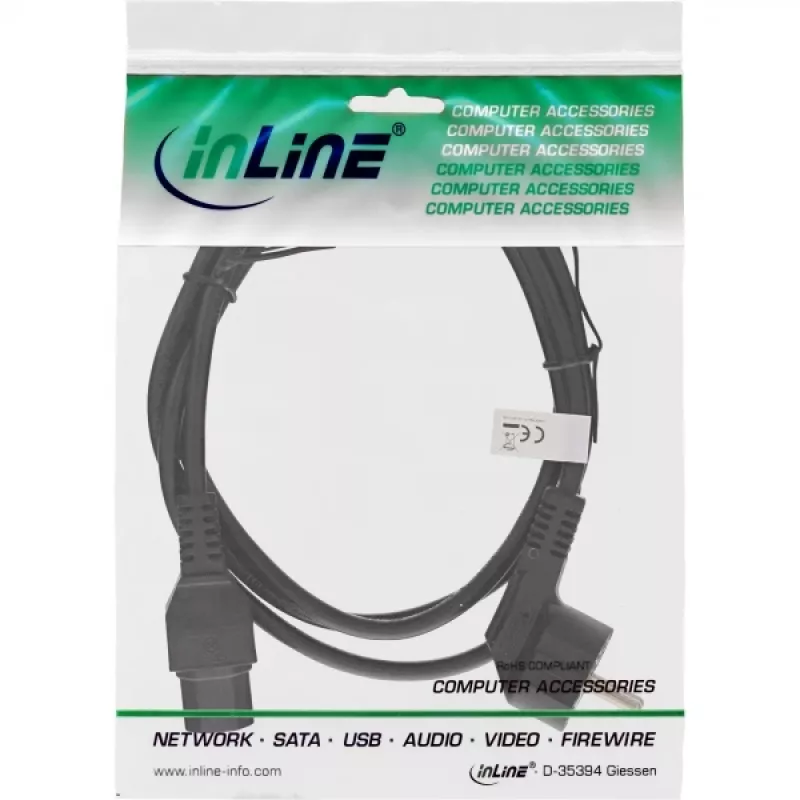 Kabel zasilający InLine, CEE7/7 kątowy do C15 prosty, 3 x 1mm², czarny, 5m