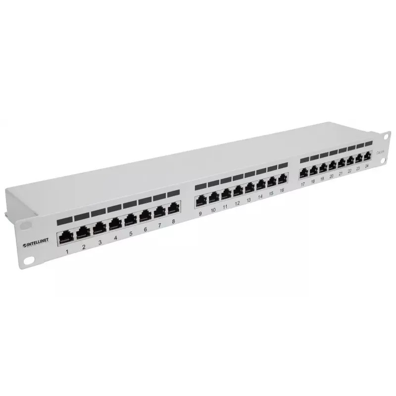 Intellinet Patch Panel, Cat6a, FTP, 24-Port, 1U, Shielded, 90° Top-Entry Punch Down Blocks, szary