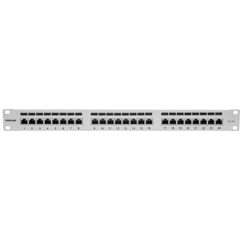 Intellinet Patch Panel, Cat6a, FTP, 24-Port, 1U, Shielded, 90° Top-Entry Punch Down Blocks, szary