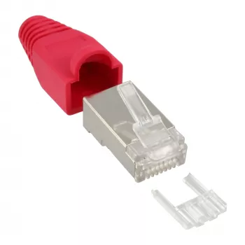 Wtyk RJ45 8P8C ekranowany InLine z nitkownikiem i ochroną przeprężenia, czerwony