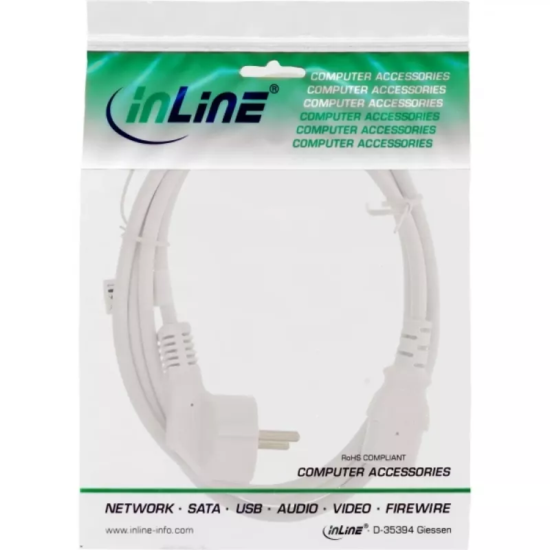 Kabel zasilający InLine, CEE 7/7 kątowy / 3-stykowe IEC C13 męskie, biały, 3 m