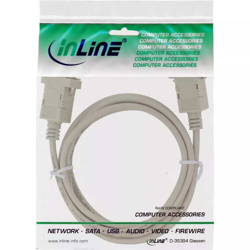 Kabel null modem InLine DB9 Pin żeński / żeński, zatrzaskowy, szary, 2 m