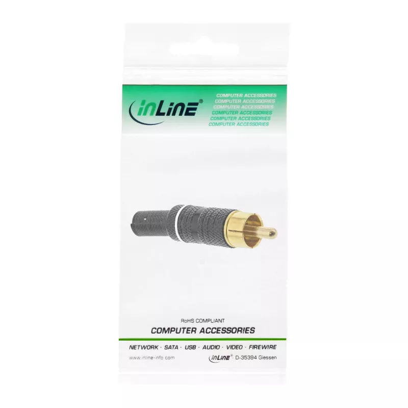 Wtyk RCA męski do lutowania InLine, biały pierścień, metalowy, czarny, na kabel 6 mm