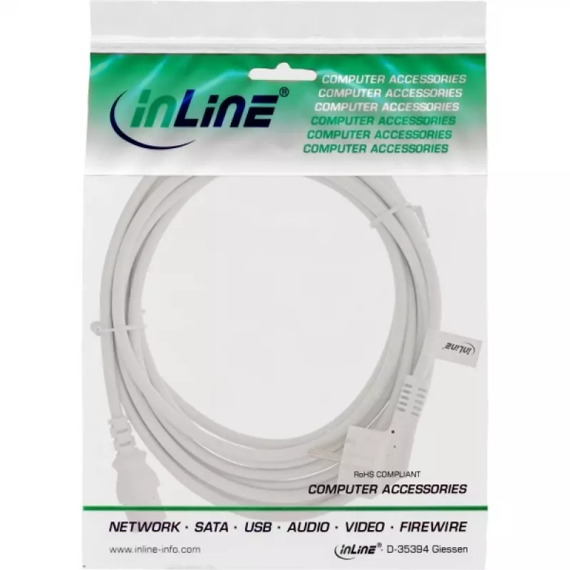 Kabel zasilający InLine, CEE 7/7 kątowy / 3-pin IEC C13 męski, biały, 5m