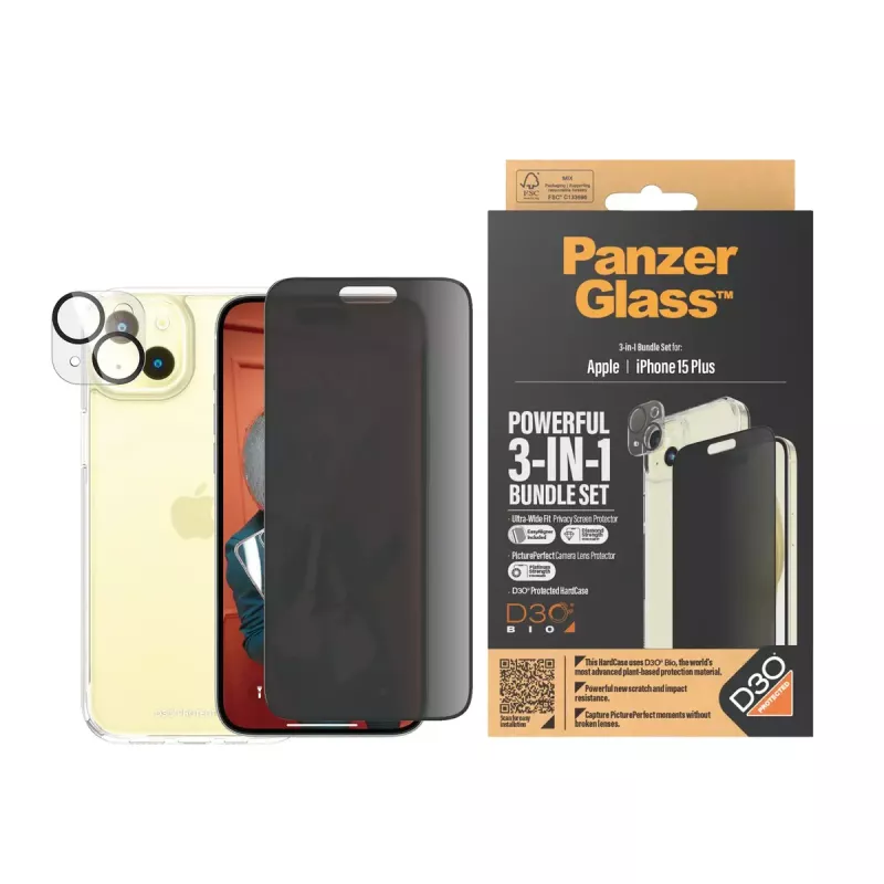 PanzerGlass Privacy 3-w-1 zestaw iPhone 15 Plus szkło hartowane