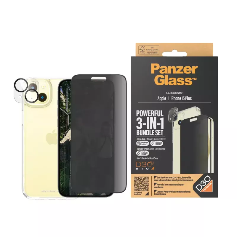 PanzerGlass Privacy 3-w-1 zestaw iPhone 15 Plus szkło hartowane