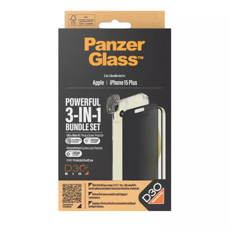 PanzerGlass Privacy 3-w-1 zestaw iPhone 15 Plus szkło hartowane