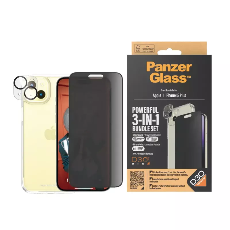 PanzerGlass Privacy 3-w-1 zestaw iPhone 15 Plus szkło hartowane