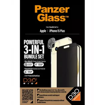PanzerGlass 3-w-1 Zestaw iPhone 15 Plus Odporne na wstrząsy szkło hartowane