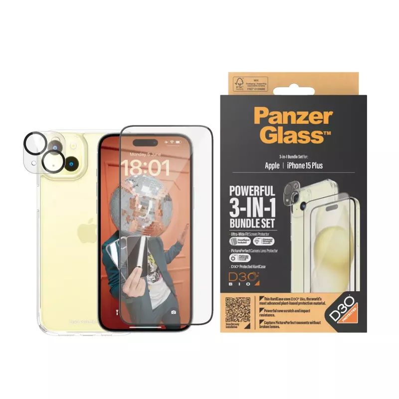 PanzerGlass 3-w-1 Zestaw iPhone 15 Plus Odporne na wstrząsy szkło hartowane