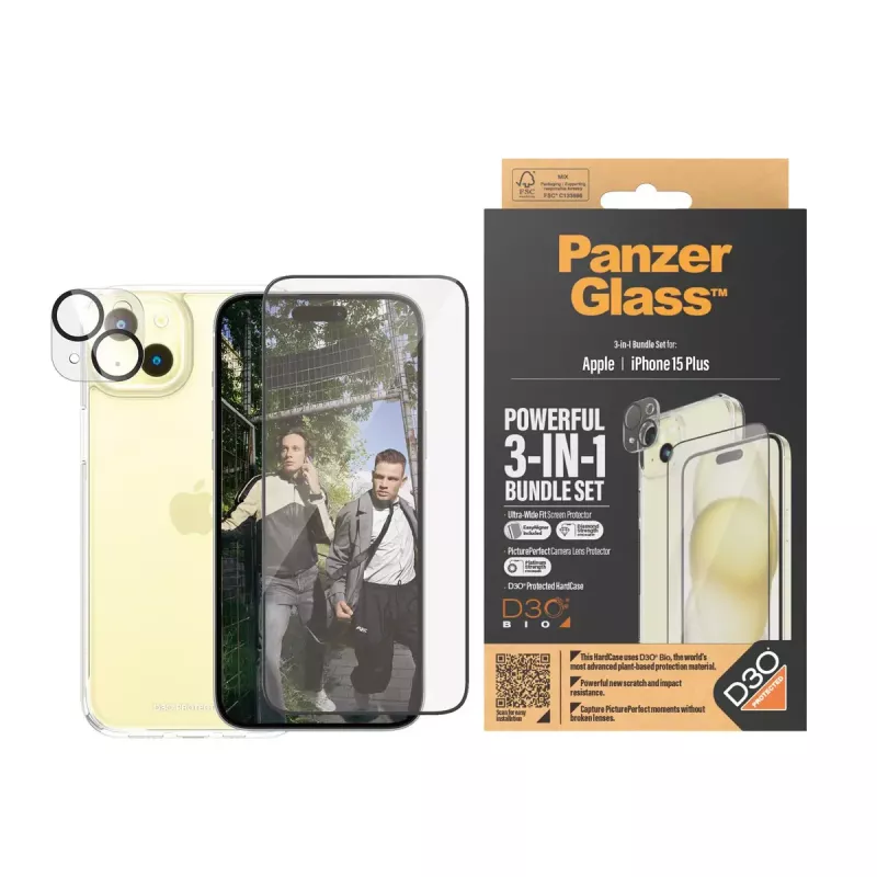 PanzerGlass 3-w-1 Zestaw iPhone 15 Plus Odporne na wstrząsy szkło hartowane