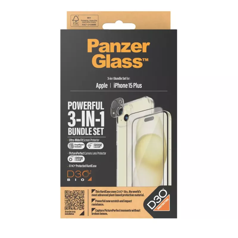 PanzerGlass 3-w-1 Zestaw iPhone 15 Plus Odporne na wstrząsy szkło hartowane
