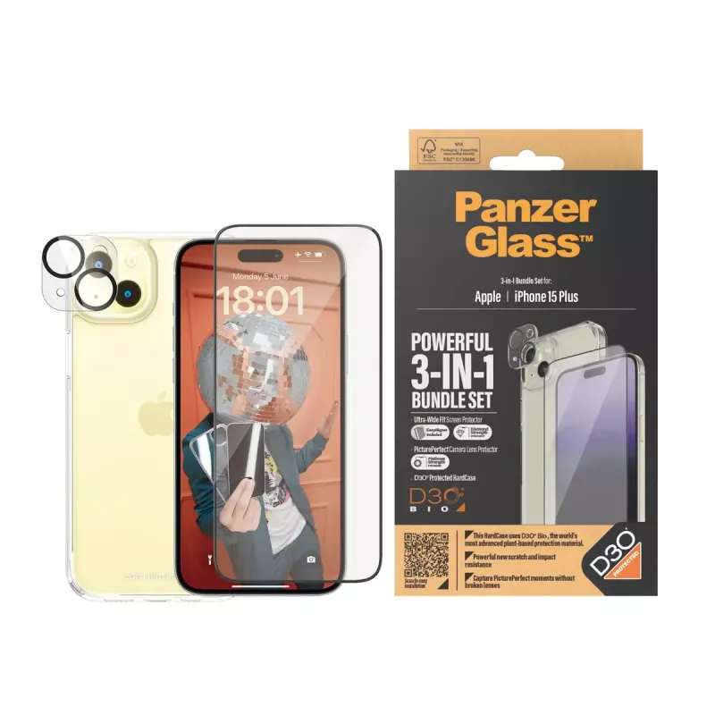 PanzerGlass 3-w-1 Zestaw iPhone 15 Plus Odporne na wstrząsy szkło hartowane