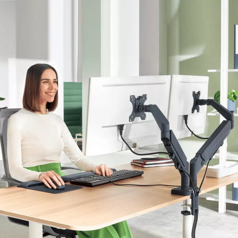 Leitz Ergo Dwustopniowy Uchwyt do Monitora Oszczędzający Miejsce, 9 kg, 43.2 cm (17 cali), 81.3 cm (32 cale), 75 x 100 mm, Regulacja wysokości, Szary