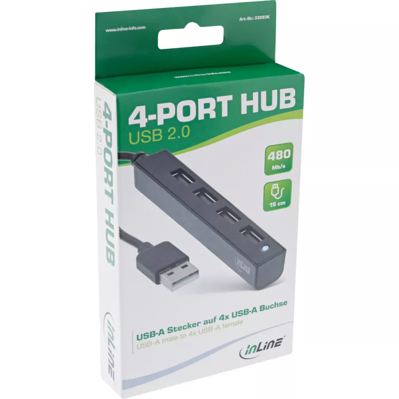 InLine USB 2.0 4-Port Hub, USB-A męski na 4x USB-A żeński, kabel 15cm