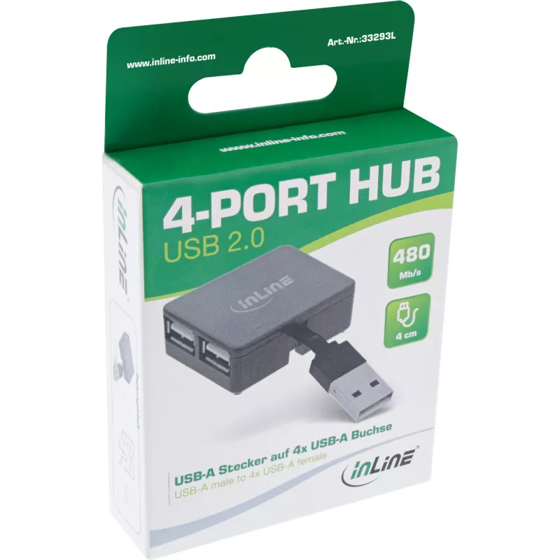 InLine USB 2.0 4-Port Hub, USB-A męski do 4x USB-A żeński, kabel 4cm