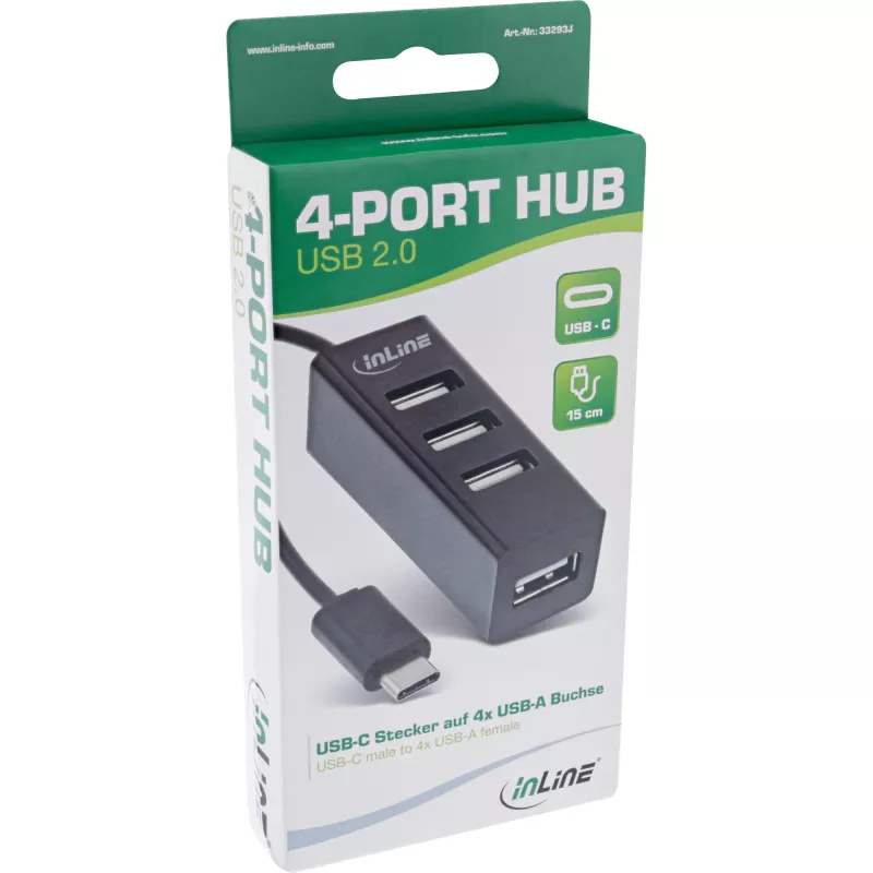 InLine USB 2.0 4-Port Hub, wtyk USB-C męski na 4x USB-A żeński, kabel 15cm