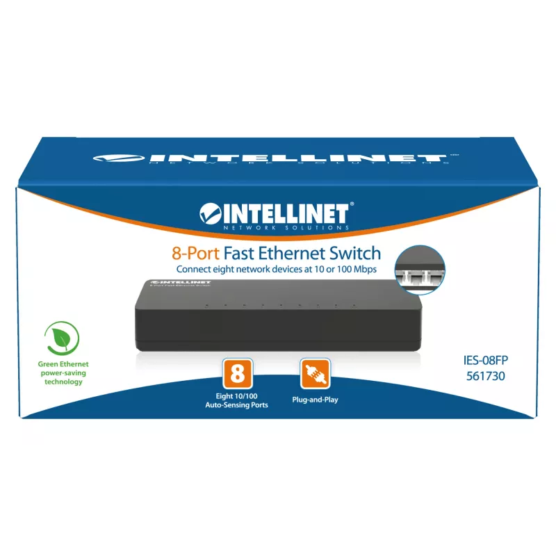 Intellinet 8-portowy przełącznik Fast Ethernet rozmiar biurkowy, z tworzywa sztucznego, IEEE 802.3az (Energy Efficient Ethernet), czarny