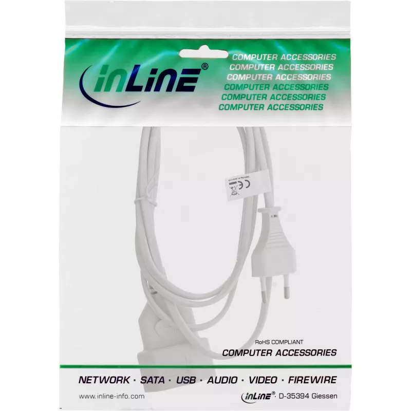 Przedłużacz zasilający InLine Euro Type C Plug, wtyk / gniazdo, biały, 2 m