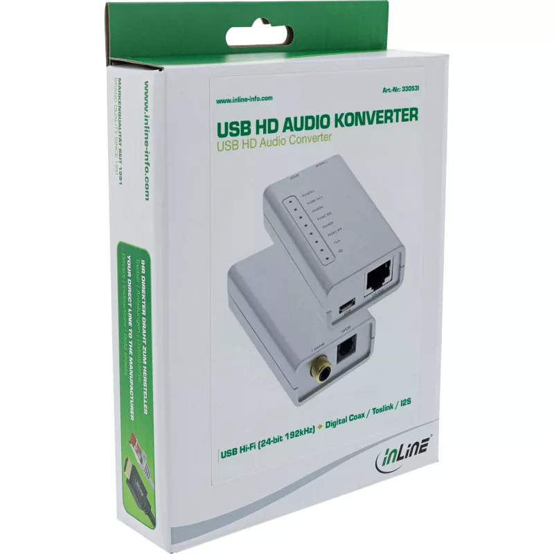 USB HD Audio Adapter InLine 33053I 24 Bit 192kHz Digital Coax/Toslink/I2S Converter