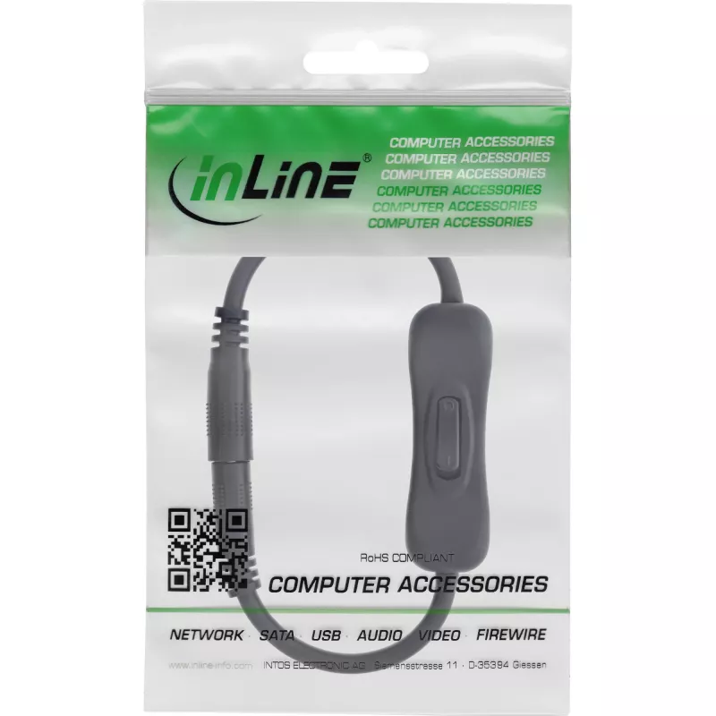 Kabel DC InLine z przełącznikiem, wtyk/gniazdo DC 3.5x1.35mm, AWG 18, czarny, 0,20m