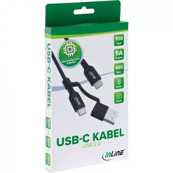 InLine 2-w-1 kabel USB-C + adapter USB-A, USB 2.0, 100 W, TPE, czarny, 1 m