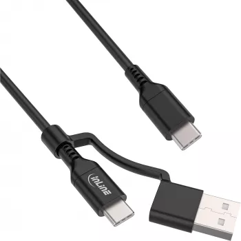 Kabel InLine 2-w-1 USB-C + adapter USB-A, USB 2.0, 100W, TPE, czarny, 2m