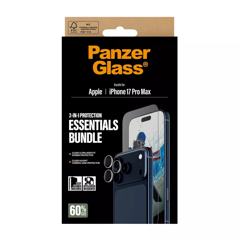 PanzerGlass 2-w-1 Essentials Bundle iPhone 17 Pro Max odporny na zarysowania i wstrząsy