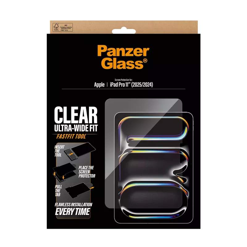 Szkło hartowane ochronne na ekran do iPad Pro 11 cali (2024–2025) firmy PanzerGlass — Ultra-Wide Fit, narzędzie FastFit