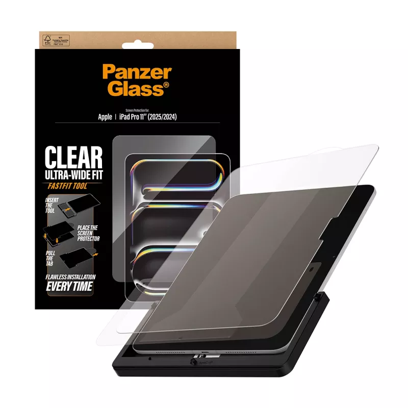 Szkło hartowane ochronne na ekran do iPad Pro 11 cali (2024–2025) firmy PanzerGlass — Ultra-Wide Fit, narzędzie FastFit