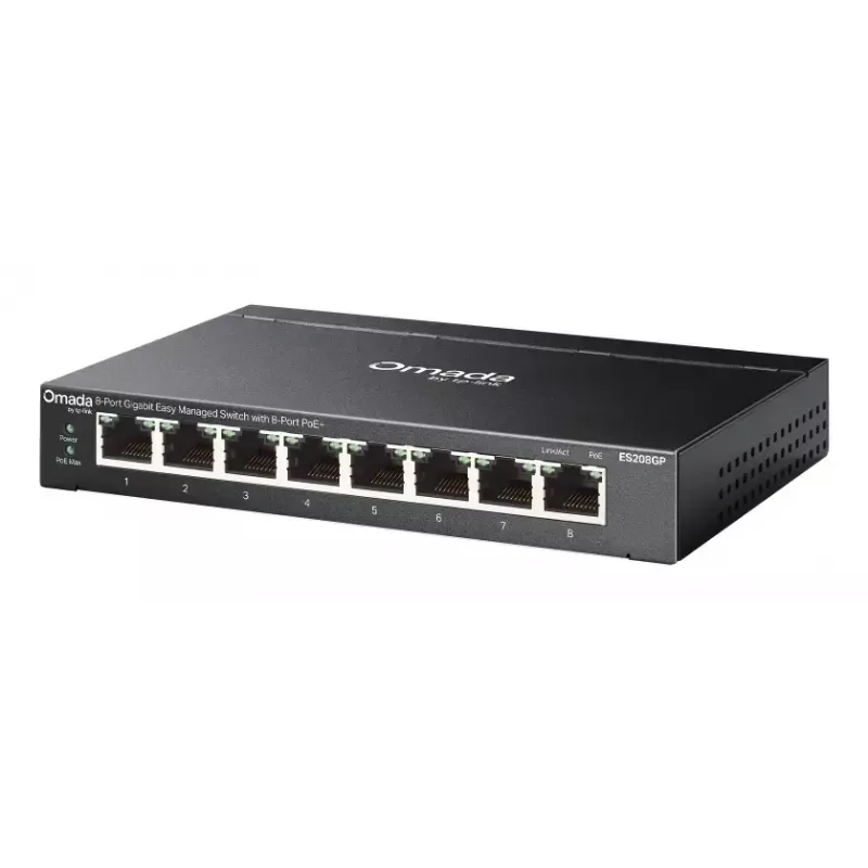 Przełącznik sieciowy TP-Link Omada ES208GP zarządzany L2 Gigabit Ethernet (10/100/1000) Power over Ethernet (PoE) szyna DIN czarny