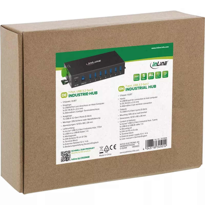 InLine 35396B koncentrator interfejsów USB 3.2 Gen 1 (3.1 Gen 1) Type-B 5000 Mbit/s Czarny