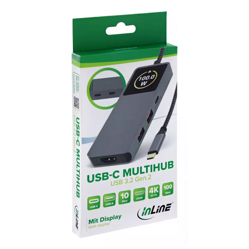 Koncentrator interfejsów USB-C InLine 35392D USB 3.2 Gen 2 Type-C host na HDMI, USB-A, USB-C 10000 Mbit/s Szary