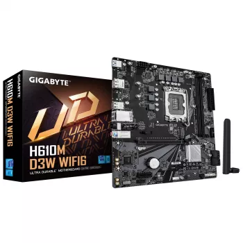 Płyta główna GIGABYTE H610M D3W WIFI6 - obsługuje procesory Intel Core 14. generacji, 5+1+1 faz VRM, do 5600MHz DDR4, 1xPCIe 3.0 M.2, Wi-Fi 6, 1GbE LAN, USB 3.2 Gen 1