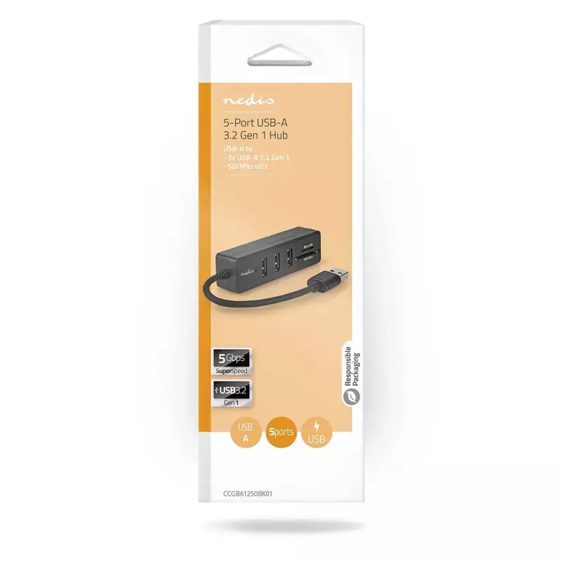 Koncentrator USB Nedis CCGB61250BK01 USB 3.2 Gen 1 Typ-A 5000 Mbit/s Czarny