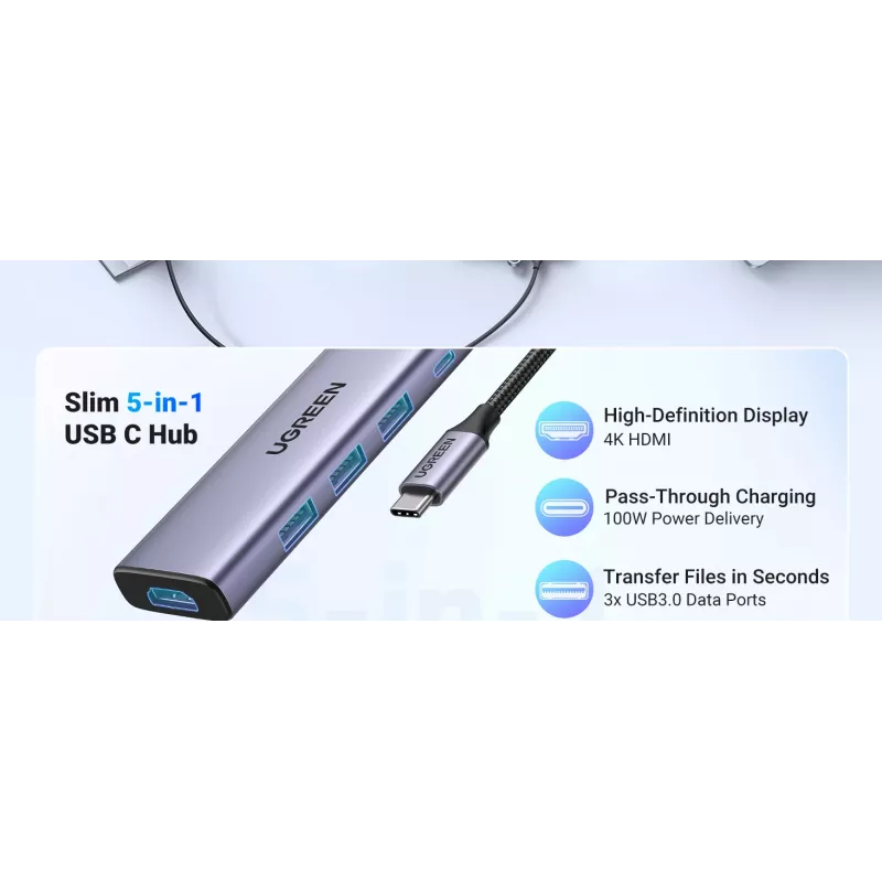 Hub USB Type-C UGREEN 20956A z HDMI i USB 3.0, 5 Gb/s, 4K 3840×2160, srebrny