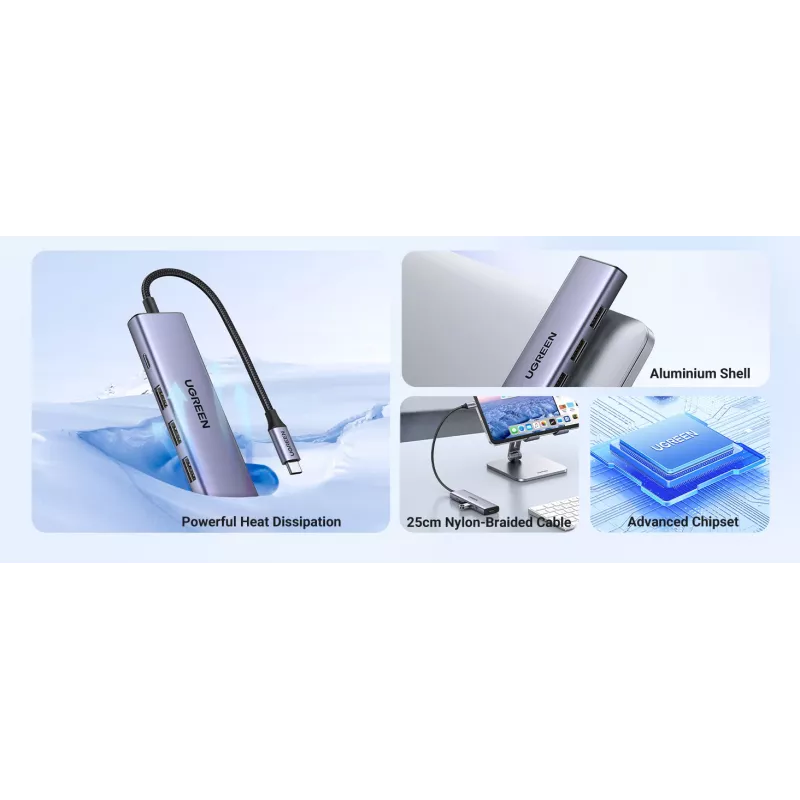 Hub USB Type-C UGREEN 20956A z HDMI i USB 3.0, 5 Gb/s, 4K 3840×2160, srebrny