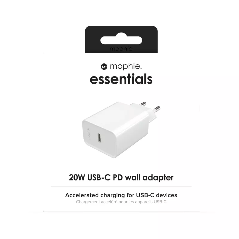 Ładowarka sieciowa mophie essentials 20 W USB-C PD, uniwersalna, biała, AC, szybkie ładowanie, do użytku wewnętrznego